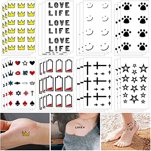 Small Finger Temporary Tattoos 24 Sheets Crown Star Smile Face Paw Tiny Tattoos Waterproof Temp Tattoos Fake Tattoos Stickers for Teens for Face Body Finger Decoration Supplies, 8 Styles