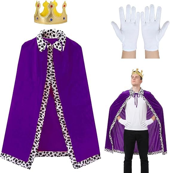 Atomvia King Costume Set for Adults - Purple Velvet Cloak + Crown + White Gloves 3 Pcs, Royal Veluxe Robe & Accessories for Halloween, Cosplay, Theme Party (for Men & Women 140cm-180cm)