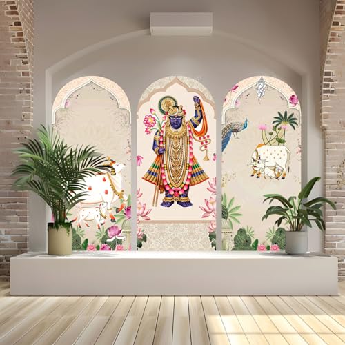 Image of Ridit Creation Shrinathji Wall Poster | Traditional Indian Pichwai Art with Cow & Peacock | 3 Panel Arch Style Spiritual Wall Decor for Pooja Room