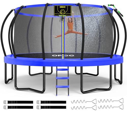 Image of ORCC 1300LBS Weight Capacity Trampoline 16 15 12FT with Basketball Hoop Water Sprinkler Spiral Ground Stakes Outdoor Yard Trampolines for Kids Adults