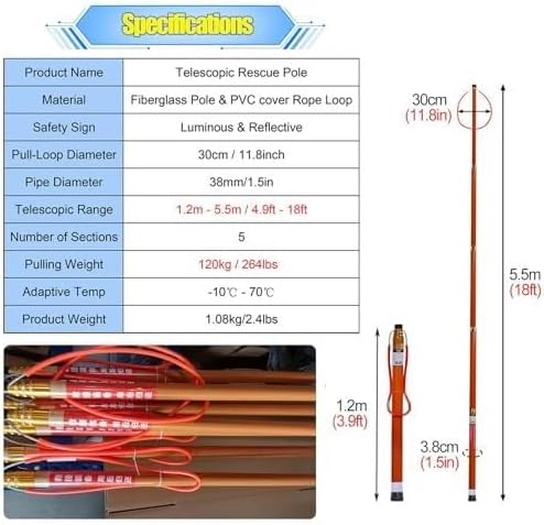 Adjustable Telescopic Pool Rescue Hook, 14-21ft Long Safety Pole with Non-Slip Handle, Emergency Lifesaving Equipment for Water Parks, Lakes, Beaches (1.2-5.5m)