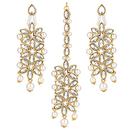 Aheli Pearl Crystal Floral Earring Maang Tikka Set for Women Indian Traditional Bollywood Jewelry Set