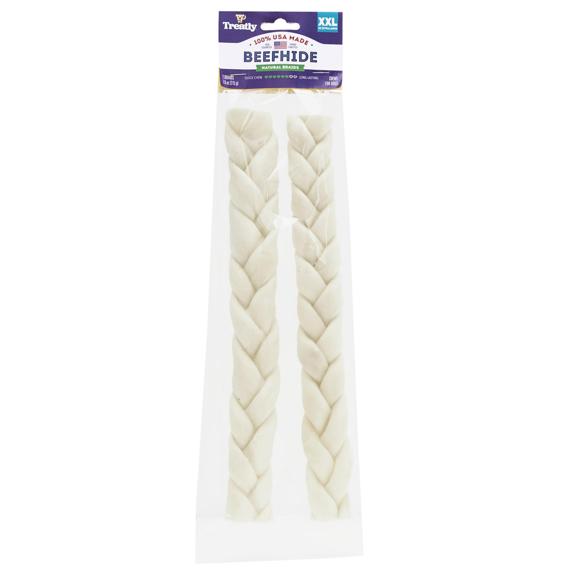 Treatly USA Beefhide Braids 12-13" Dog Chew Treats - Natural Flavor, 2 Count/1 Pack