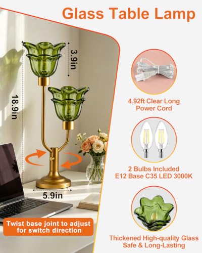 Image of Lightdot Green Bedroom Table Lamps Set of 2 Dimmable Flower Glass Lamp