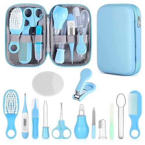 Image of Baby Grooming Kit, Infant Safety Care Set with Hair Brush Comb Nail Clipper Nasal Aspirator,Baby Essentials Kit for Newborn Girls Boys (Blue)