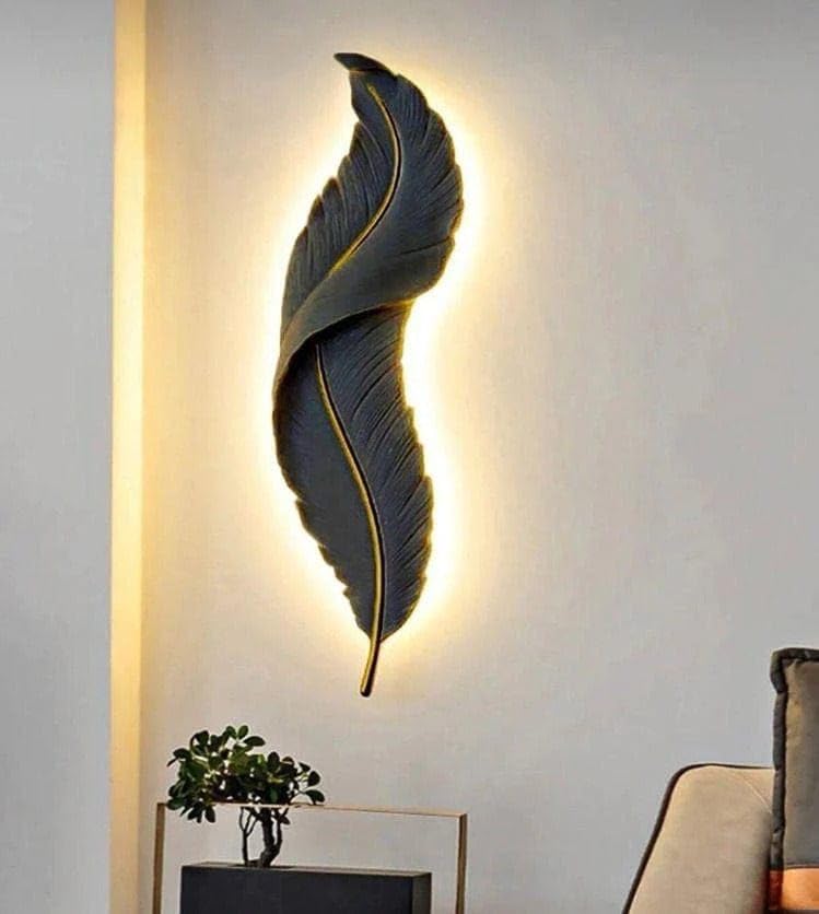 Image of Resin Antique Feather Wall Sconce|Snowy Quill Decorative Wall Light for Living Room, Hallway, Dinning Area, Kitchen- Warm White, Cool White, Natural White (Black+Golden)