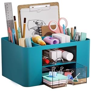 Marbrasse Pen Organizer with 2 Drawer, Multi-Functional Pencil Holder for Desk, Desk Organizers and Accessories with 5 Compartments + Drawer for Office Art Supplies (Dark Green)