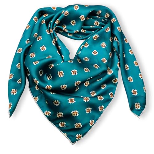 Wild Rag Silk Scarf 36'', Western Cowboy Bandana Square Silky Wild Rags,Turquoise & Brown Minimal Aztec Tribal Scarves for Men & Women