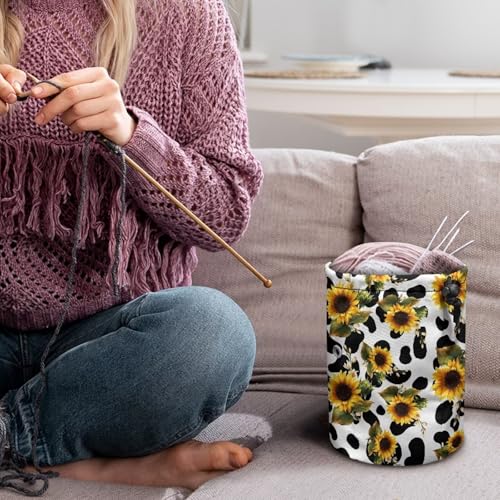 Image of Sellikakes Yarn Bag Crochet Bag Organizer, Sunflower Cow Print Portable Knitting Yarn Storage Organizer for Chrocheting Project, Store Skein Ball, Short Knitting Needle