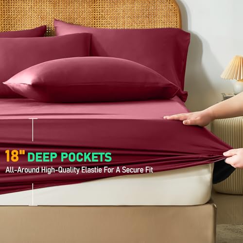 Image of 100% Viscose Derived from Bamboo Sheets King Size,Soft & Cooling Viscose from Bamboo Sheets Set, Organically Grown,Breathable & Soft Deep Pocket Up to 18 Inches(Burgundy)