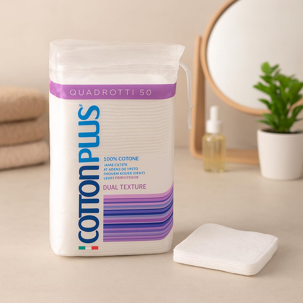 Cotton Plus Quadrotto Cotone 50 pz x 24 Confezioni - Dischetti Struccanti Viso in 100% Cotone Puro Dual Texture - Morbidi, Resistenti, Dermatologicamente Testati, Ideali per Uso Professionale