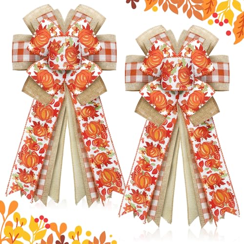Zeyune 2 Pcs Large Fall Wreath Bows Thanksgiving Bows Pumpkin Maple Leaves Bows Plaid Burlap Bows for Wreaths, Fall Ribbon Bows Orange Buffalo Plaid Bow for Home Indoor Outdoor Decor 18 x 10 in