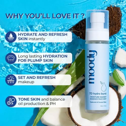 Image of Moody 7D Hydro Burst Hydrating Face Mist & Essence Toner with Hyaluronic Acid Vitamin B5 & Rice Water for Hydrated & Plumped Skin | Face Mist for Soothing And Pore Tightening | Alcohol-Free Toner for Glowing Skin |100% Vegan | 72 Hour Hydration,110ml