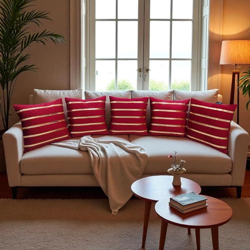 Image of Zikrak Besur Gold Stripe On Velvet|Pack of 5 Cushion Cover|for Home Decoration|Living Room Decor|Hotel Premeuim Quality Cushion Cover|Exclusive ON Amazon (Maroon, 16 X 16 INCH(40 X 40 CM))