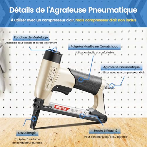 meite MT8016LN Agrafeuse Pneumatique bec long, Utilise des Agrafes de Type 80, Agrafes 6 à 16 mm, Couronne 12,8 mm – Pression de Travail 4–6 bar – Agrafeuse Pneumatique Pour Meubles et Travail du Bois – vue 2