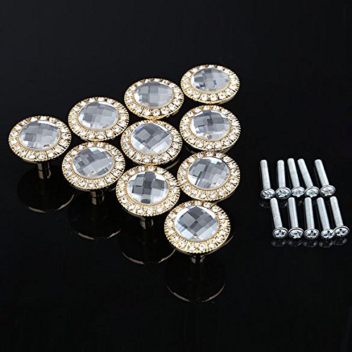 Vktech 10PCS Round Pull Handle Glittering Rhinestone Knob for Cupboard Drawer (Gold)