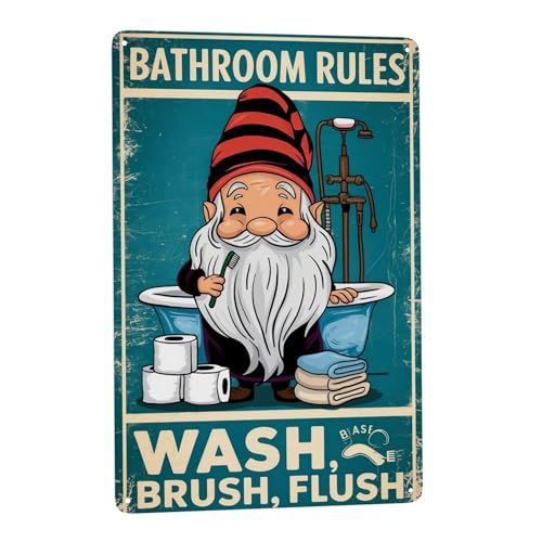8x12 Inch Metal Sign Gnomes Bathroom Rules Poster Retro Wall Decor For Guest Bathroom Powder Room Laundry Nook And Farmhouse Wall Spaces Indoor Decor