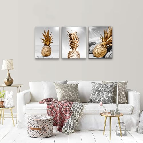 DZRWUBHS Framed Canvas Wall Art For bedroom Black And White Wall Decoration For kitchen Dining Room Office Beach Scenery Golden Pineapple Paintings Artwork Ready To Hang Living Room Home Decor