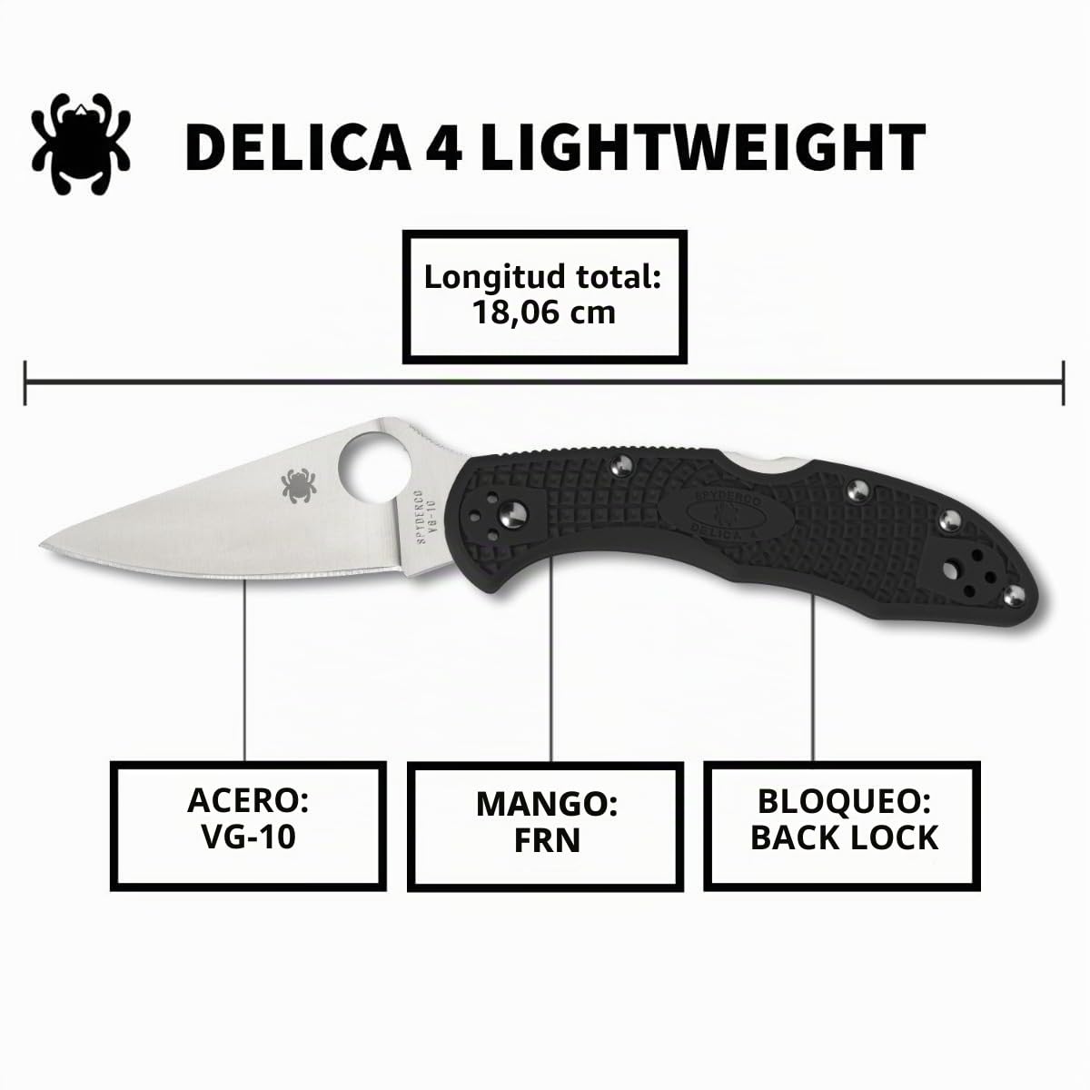 Spyderco Delica 4 - Cuchillo plegable ligero de 7.2 pulgadas con hoja de acero plano de 2.9 pulgadas y mango FRN de alta resistencia, molienda PlainEdge