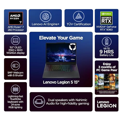 Image of Lenovo Legion 5 Gaming Laptop, Ryzen 7 260, NVIDIA GeForce RTX 5060, 15.1 inch WQXGA (2560x1600) OLED Display, Backlit Keyboard, Wi-Fi 7, w /Mouse pad (64GB RAM | 4TB PCIe SSD)