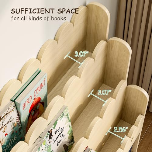 Image of EXPERLAM Scalloped Bookshelf for Kids, 3-Tier Front Facing Book Display Shelf, Solid Wood Montessori Bookcase Organizer for Bedroom, Nursery, Playroom & Classroom