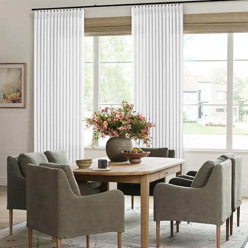 Image of Thick Linen Semi Sheer Curtains 96 Inches Long for Living Room Snow White