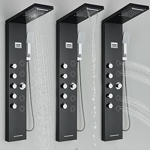 Sistema de Torre de Panel de Ducha de Acero Inoxidable con Lluvia, Cascada y Masaje por Chorros - Negro D miniatura 3