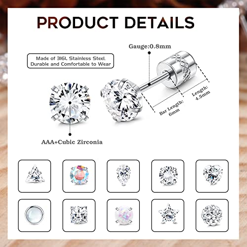 Subiceto 10 Pairs Stainless Steel Cubic Zirconia Stud Earrings Set For Women Men Screw Back Earrings Opal Round Square Heart Star Pear Shaped Faux Diamond Earrings Cz Hypoallergenic Screwback Earrings Piercing Jewelry 20G Sliver #TOP1