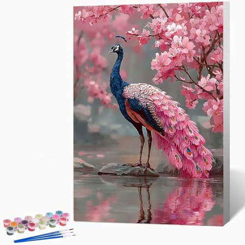 孔雀 ペイントバイナンバーキット花 数字油絵 塗, DIY手描き油絵セット(ブラシ3本とアクリル絵の具を含む)、キャンバスセット、家の壁の装飾ギフト,誕生日プレゼント女性 40*50CM フレームなし -WX251079J