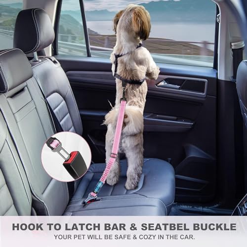 Image of IOKHEIRA Dog Seat Belt 3-in-1 Car Harness for Pets Adjustable Safety Seatbelt Nylon Reflective Bungee Fabric Dog Car Harness with Clip Hook Latch & Buckle, Swivel Zinc Alloy Carabiner (Pink)