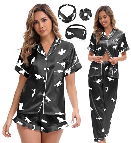 Silk Pajamas for Women 3 Piece Short Sleeve Satin Pajama Set with Pants Ruffle Cute Pj Sets Button Down Sleepwear
