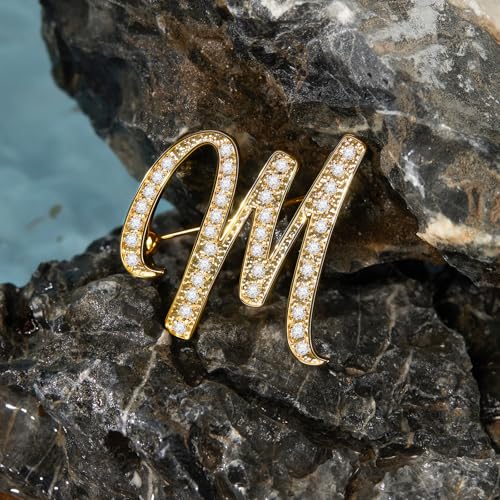 Image of Cicy Bell A-Z Initial 26 Letter Brooch Pins 18k Gold Plated Cubic Zirconia Breastpin Name Personalized Gifts for Women Men