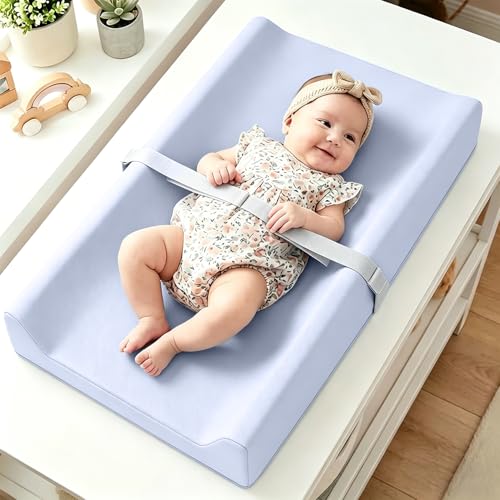 Baby Changing Pad PU Waterproof Diaper Changing Mat with Safety Strap وسادة تغيير حفاضات الأطفال Portable Diaper Changing Pad Breathable Contoured Changing Table Pads for Infant 31.25X16 Blue