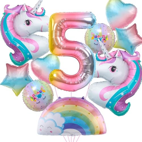 Unicorn Birthday Decorations for Girls 10pcs Unicorn Balloons Set with Rainbow Heart and Number 5 Foil Balloons for 5th Birthday Party Decorations