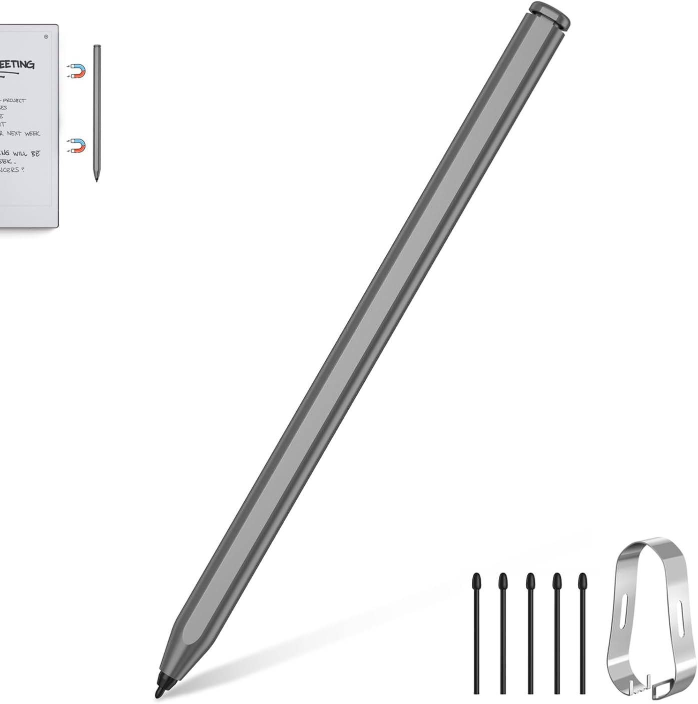 Magnetic Stylus Compatible with Remarkable 2 Pen Replacement with Eraser, 4096 Pressure Levels, Palm Rejection, Tilt Support ＆ 5 Tips, Scribe Pen Compatible with Remarkable 2/1/ Kindle Scribe/Silver