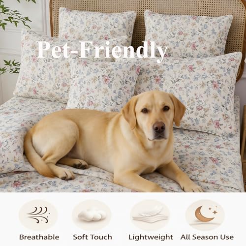 Image of FADFAY Full Muslin Cotton Multicolor Floral Sheet Set, Soft Breathable Lightweight Sheets for Dorm, Kids Room or Guest Bed with Fitted Sheet, Flat Sheet & Pillowcases