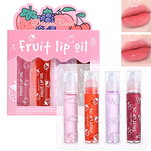 Fruity Roll On Lip Gloss,Huile À Lèvres Transparente Incolore,Baume À Lèvres, Lot de 4 Brillants à Lèvres Aromatisés aux Fruits,Roll-on Lip Gloss Set pour les Lèvres Sèches et Gercées