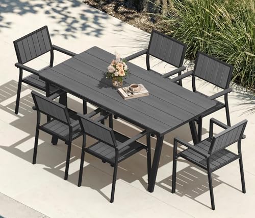 Ciokea Aluminum Outdoor Dining Sets for 6, Patio Table and Stackable Chairs Set with Umbrella Hole, All-Weather HDPS Durable Furniture for Backyard, Poolside, Lawn & Garden | 7-Piece, Grey