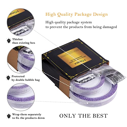 Fomoica Purple Plastic Plates And Purple Silver Silverware - 125 Piece Disposable Premium Plastic Dinnerware Set – Dinner Plates, Forks, Spoons, Knives – Birthday Parties, Wedding, Halloween Christmas #TOP6