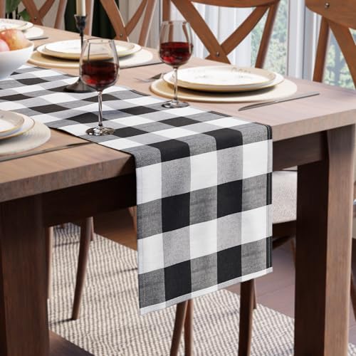 Image of Encasa XO Cotton Table Runner for 4 to 6 Seater | Size 13x72 in | Buffalo Black Checks - Machine Washable & Durable