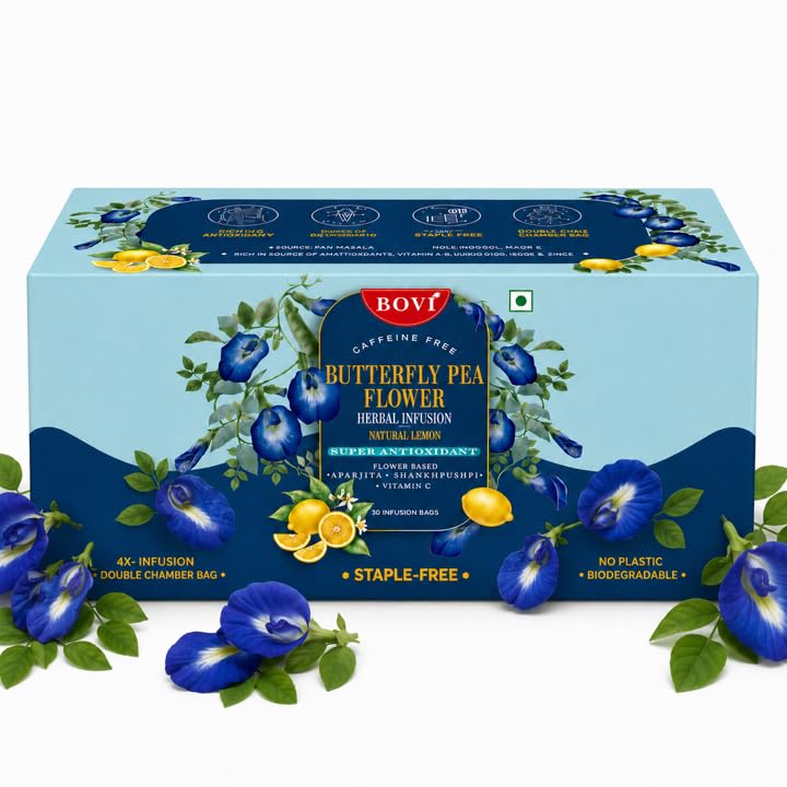 Image of BOVI Butterfly Pea Flower Tea Bags, 30 Teabags | Aparajita /Shankhpushpi Herbal Tea | Caffeine Free| Antioxidant Rich Wellness Tea