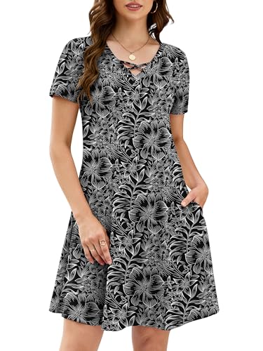 Image of KORSIS Women's Dresses Summer Casual T-Shirt Short Sleeve Criss Cross V Neck Swing Beach Vacation Sundress Dress with Pockets