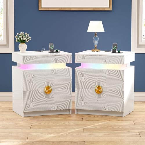 Lvifur LED Nightstand - with RGB Light, Set of 2 Night Stand with a Lockable Hidden Drawer and 2 Drawer, Smart Bedside Table with Auto Sensor, USB&Type-C for Bedroom, Modern Sofa End Table -
