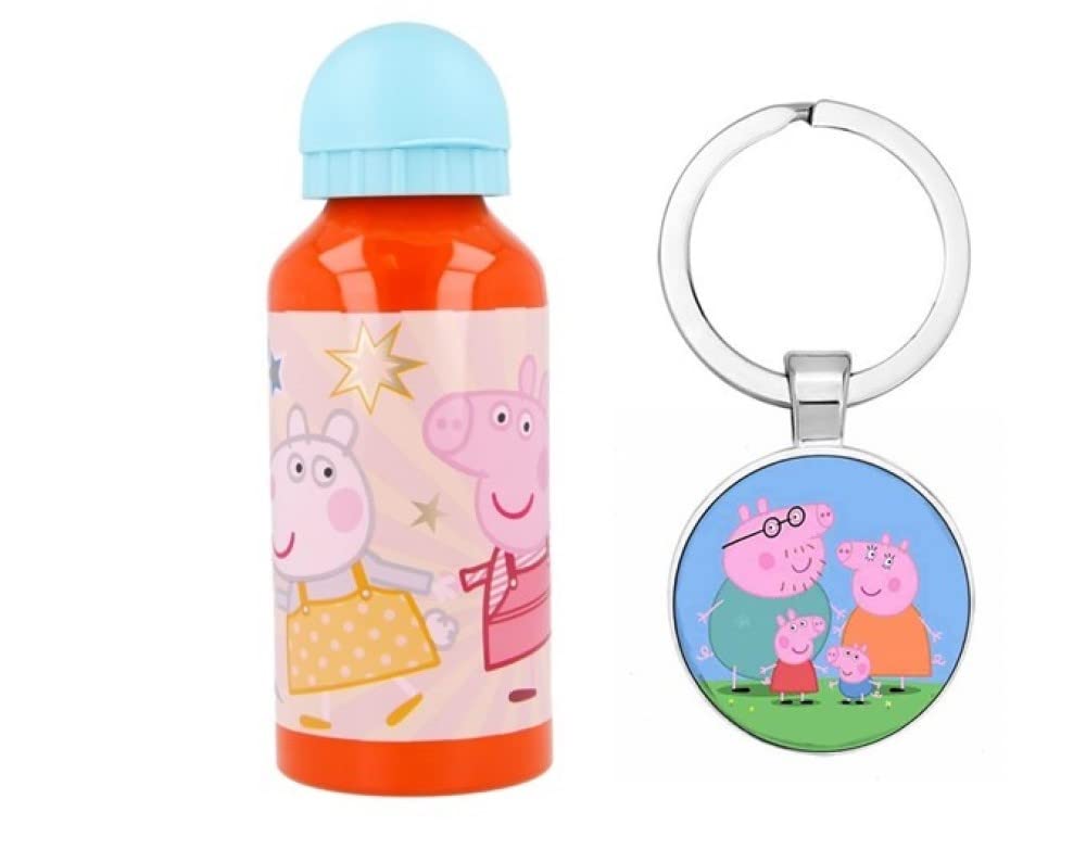 Om Supplies Peppa George Characters Aluminium Sports Bottle 400Ml - Holiday, Back To School Water Drinking Kids Lunch Children Includes Keychain (Peppa)