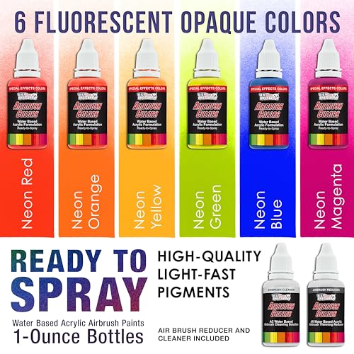 Image of U.S. Art Supply Airbrush Paint Set, 6 Color Fluorescent Neon, 1-oz Bottles | Ready to Spray Air brush Paint, Water-Based Acrylic with Reducer & Cleaner for Painting Metal, Plastic Models, Canvas, Wood
