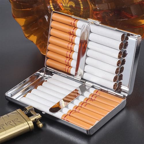 Cigarette Case Metal Holder for Regular King and 100\'s Size Can Hold 14 Cigarettes Double Sided Spring Clip Box Holds up to 80-100\'s Flip Open Pocket Bank Card case Cash Box(Silver, 100mm King Size)