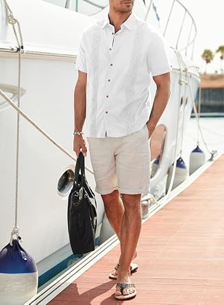 JMIERR Mens Cotton Linen Guayabera Shirts Casual Button Up Short Sleeve Summer Beach Shirt