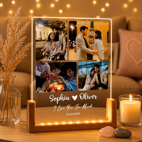 Image of Custom Photo Collage LED Lamp, Personalised Acrylic Night Light, Warm White, Modern Style, Anniversary and Birthday Gift for Couples and Friends (Design 1)