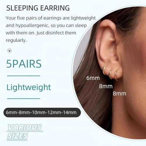 5 Pairs Small Gold Huggie Hoop Earrings Set Women 14K Gold Plated Cartilage Earrings Hypoallergenic Lightweight Stainless Steel Earrings 2nd 3rd Hole Cute Multiple Piercing Stack Jewelry Trendy Gift - 3