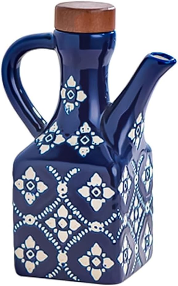 Blue Ceramic Olive Oil Dispenser Bottle for Kitchen, 8.5 oz Cruet for Avocado Oil with Handle & Wooden Stopper, Small Decorative Oil and Vinegar Dispenser Set, Oil Container Cruet for Olive